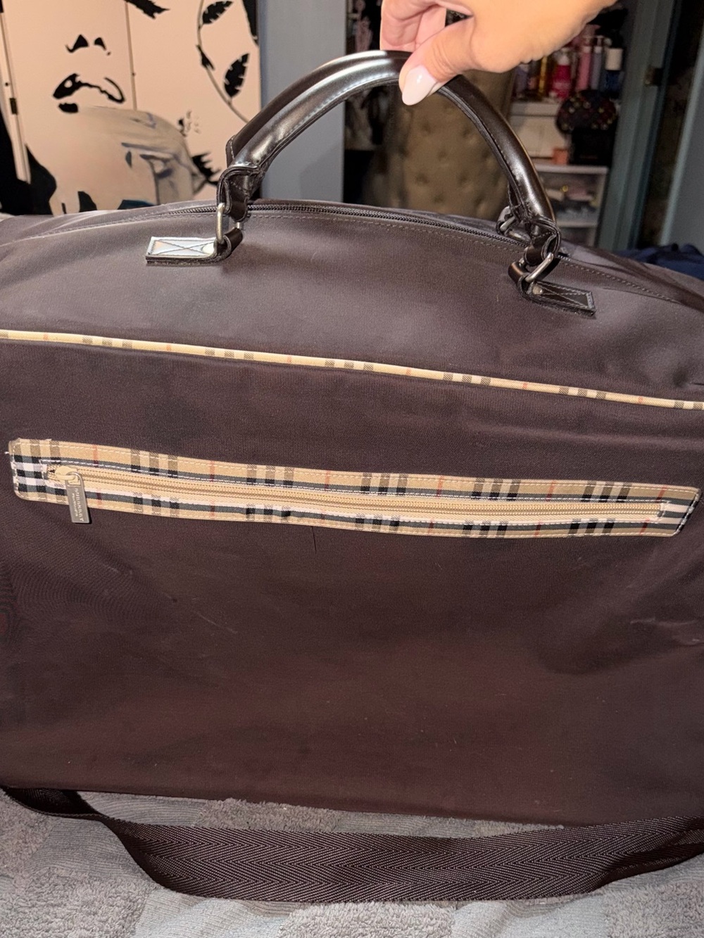 Burberry Fragrance Brown Travel Bag with Plaid Trim